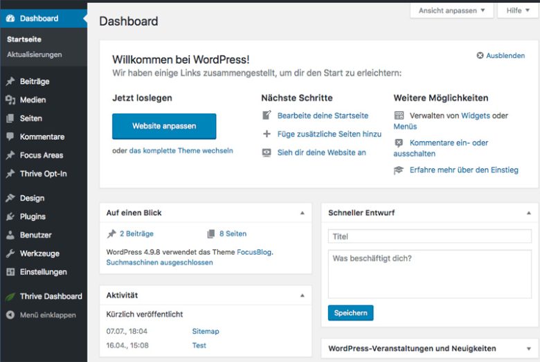 WordPress Dashboard - Kompakter Überblick