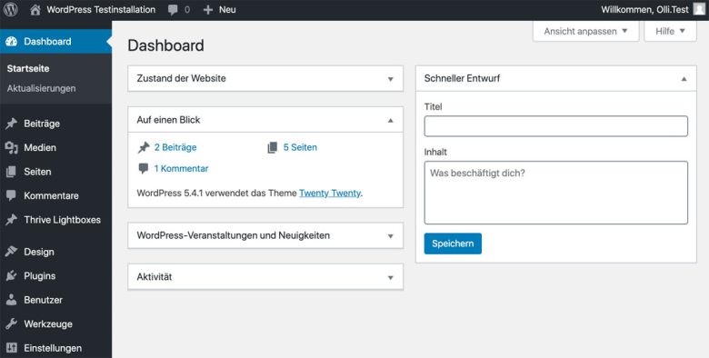 WordPress Admin Login - das Dashboard