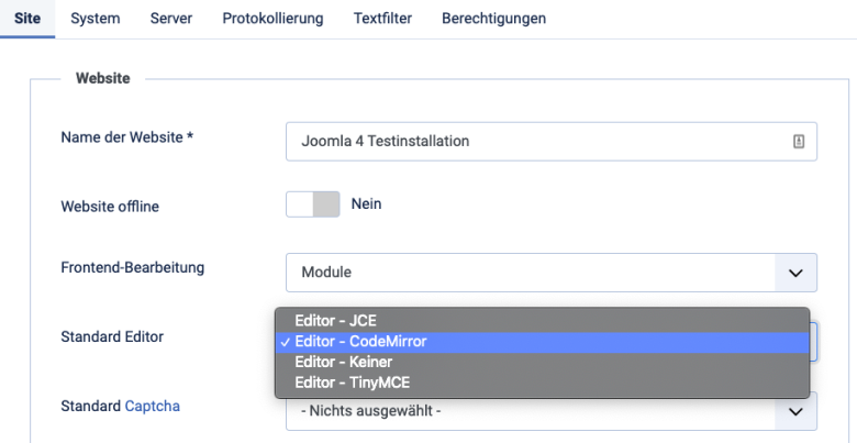 Joomla PHP Code - Editor wechseln