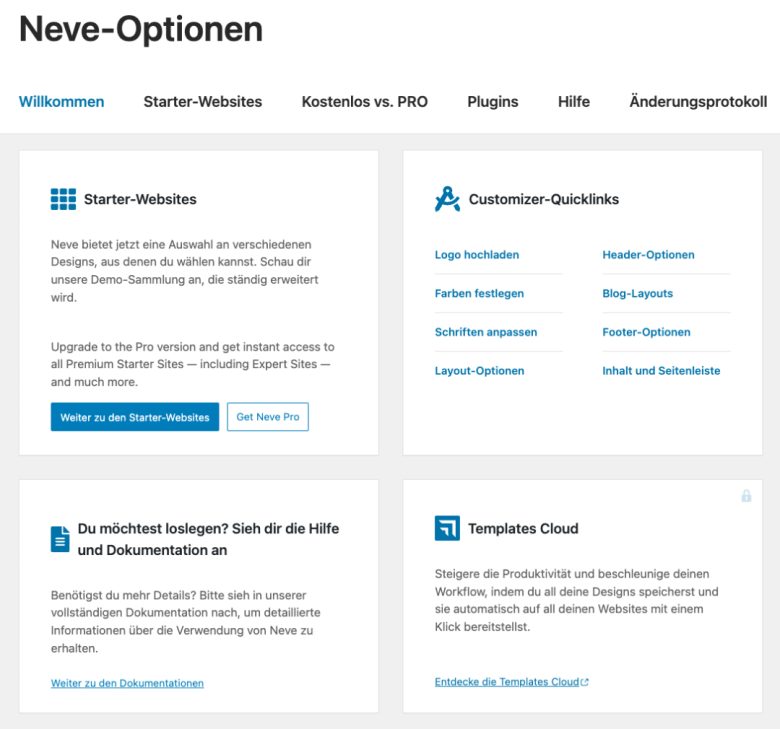 WordPress Theme Neve - Optionen